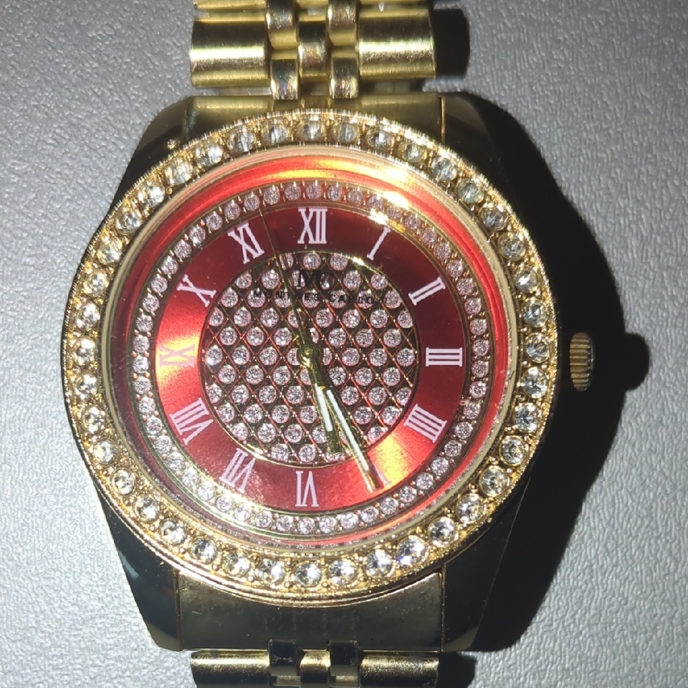 Gold and Red Crystal-Embellished Watch